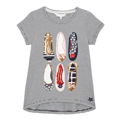Girls' navy striped sequin embellished shoe t-shirt